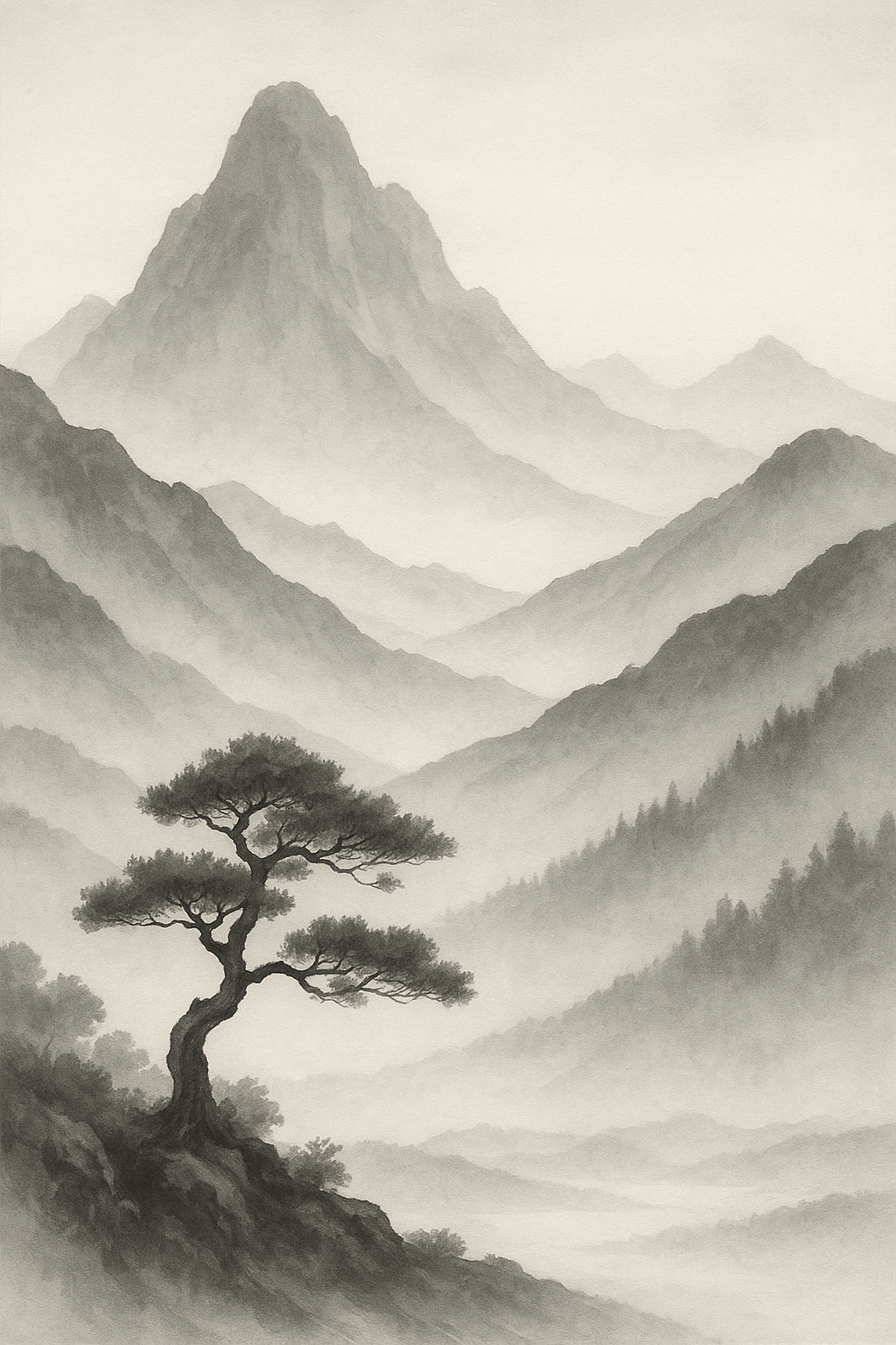 GOUD - PREMIUM - Zen-Style Grayscale Mountain Scene